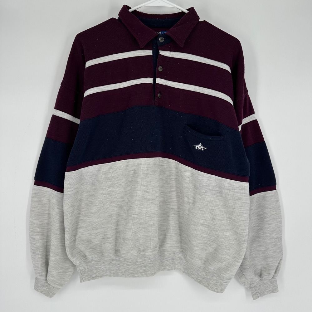 Vintage 80s 90s Green Line Colorblock Polo Sweatshirt Burgundy Navy Airplane